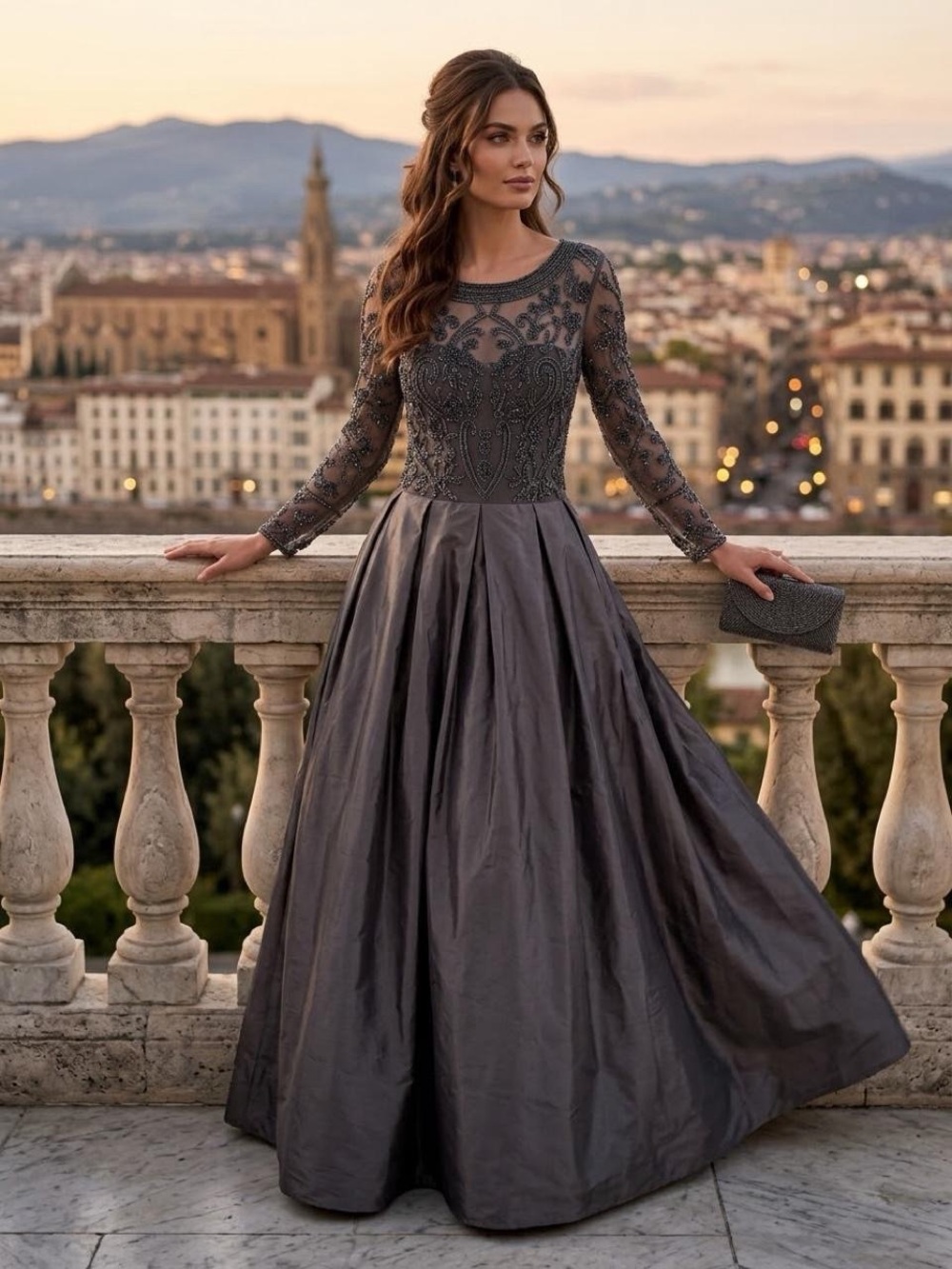 Pisarro Nights Beaded Long-Sleeve Ball Gown in Charcoal